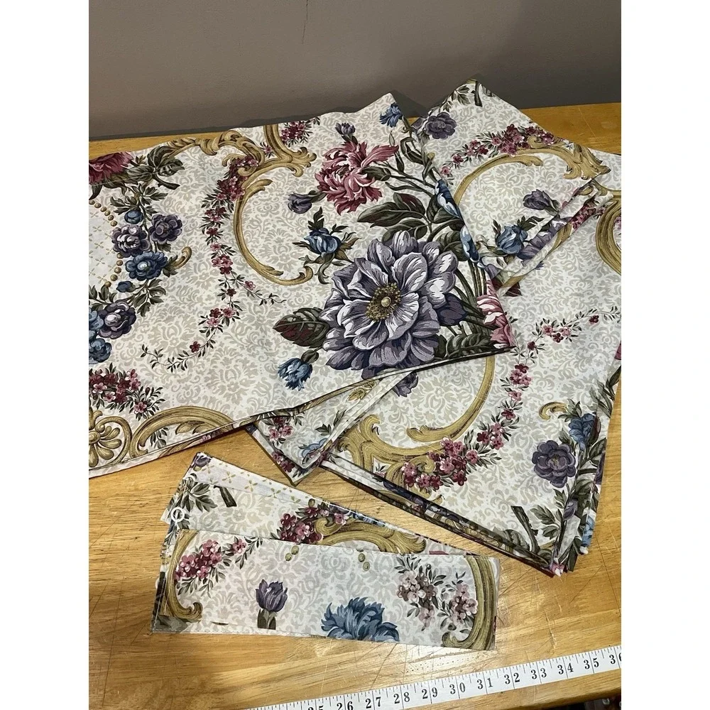 Vtg Floral Gold Scroll Drapery Set Cottage Garden French Tieback‎ Valance Panels
